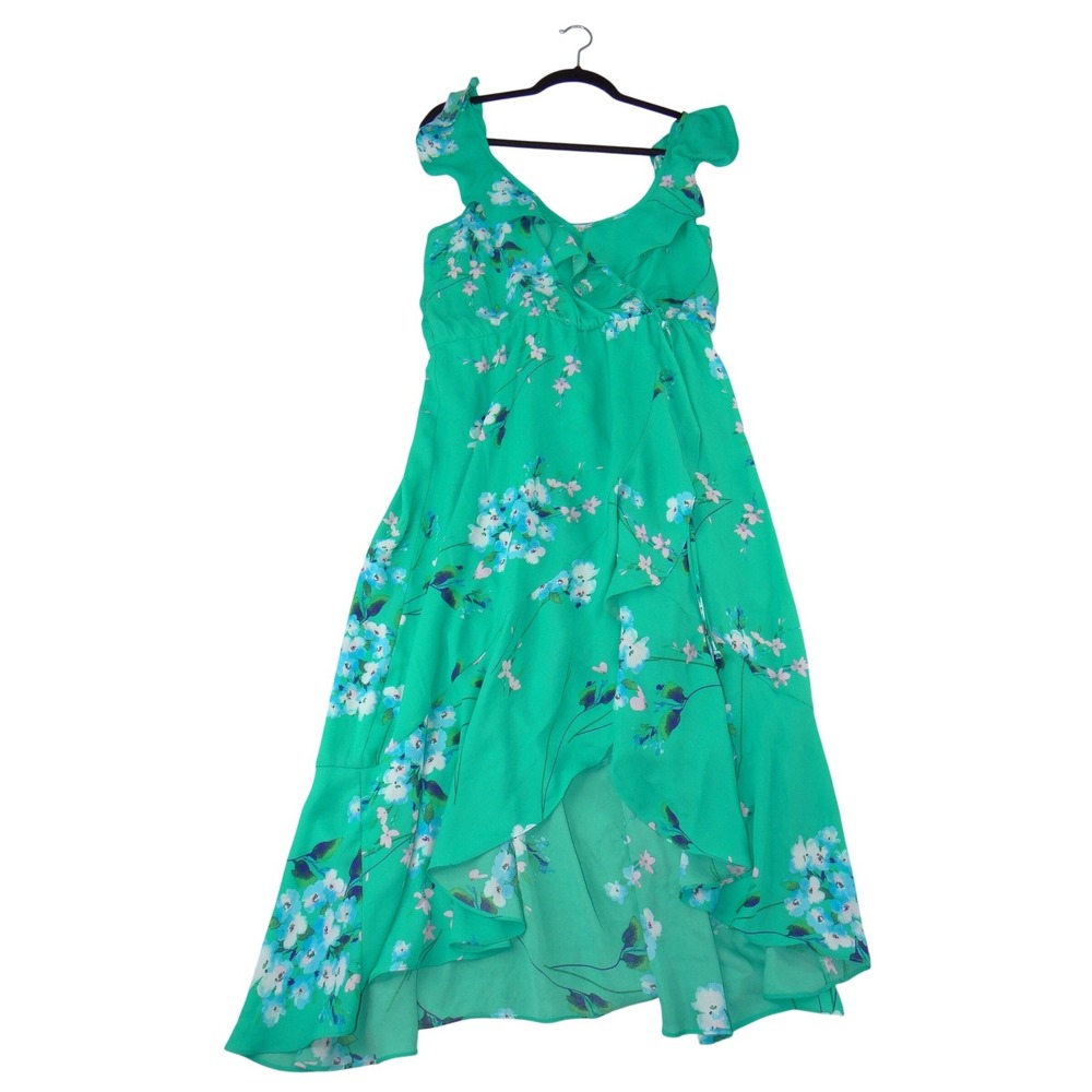 Socialite Green Floral Ruffle High Low Maxi Dress Womens XL Faux Wrap V-Neck